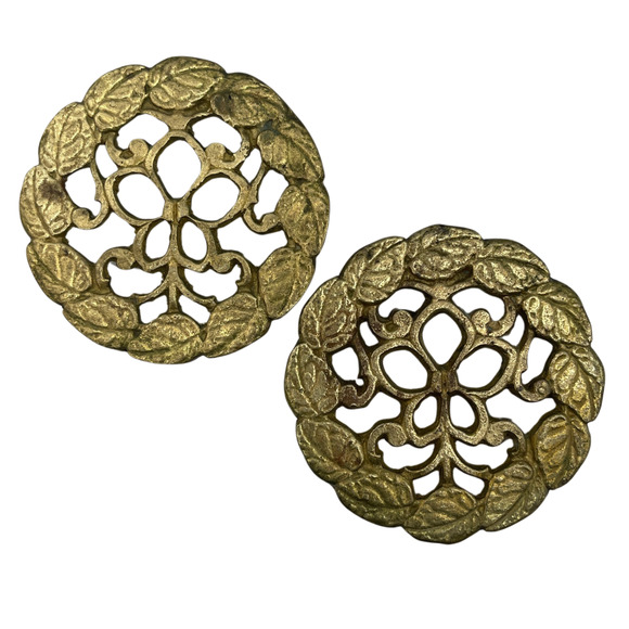 Lot of 2 Brass Floral Trivet Iron Tripod Bracket for Cooking Pot /Kettle - Picture 1 of 9